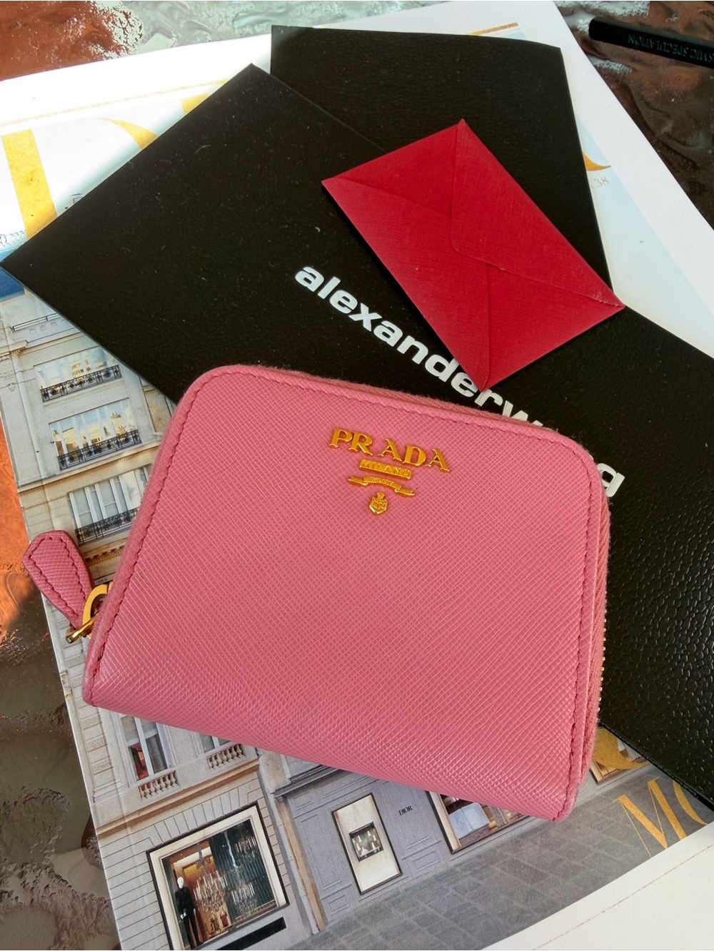 Prada Pink Zip Wallet with Gold Logo